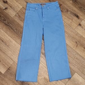Judy Blue Periwinkle Blue Dyed Cropped Wide Leg Jeans Frayed Hem Ultra High Rise